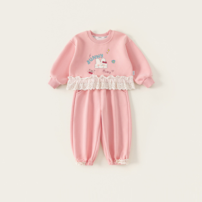 童裝女童套裝粉色花邊衛衣套頭衫束腳褲兒童兩件套小童運動裝