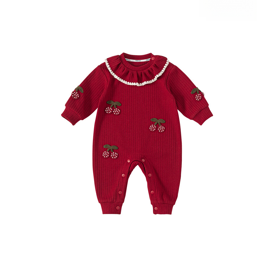 秋季新款女寶寶衣服甜美荷葉邊秋裝女童爬服兒童連體衣