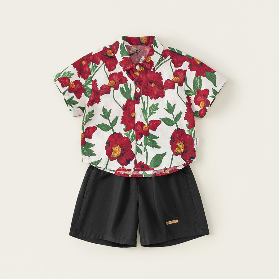 童裝男童夏裝套裝2025新款夏季帥氣兒童度假風短袖襯衫兩件套