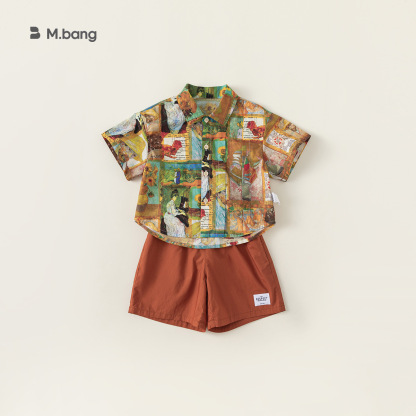 童裝男童套裝兒童碎花襯衫中褲港風復古夏裝兩件套海灘度假風