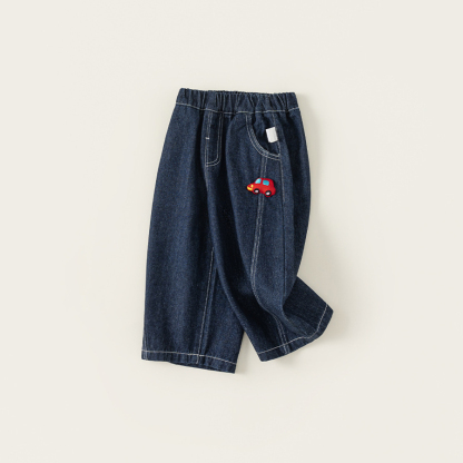 童裝女童褲子春季新品拼接洋氣兒童直筒褲卡通中小童牛仔褲潮