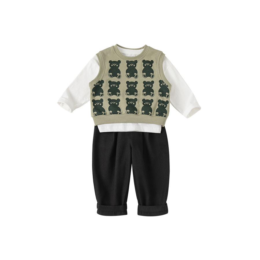 童裝寶寶套裝2025春裝嬰幼兒休閒三件套兒童卡通馬甲寶寶裝