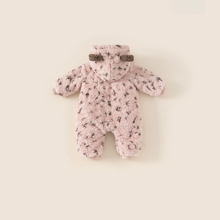 童裝女寶寶冬季保暖連體衣嬰兒加絨保暖毛毛衣豹紋寶寶衣服