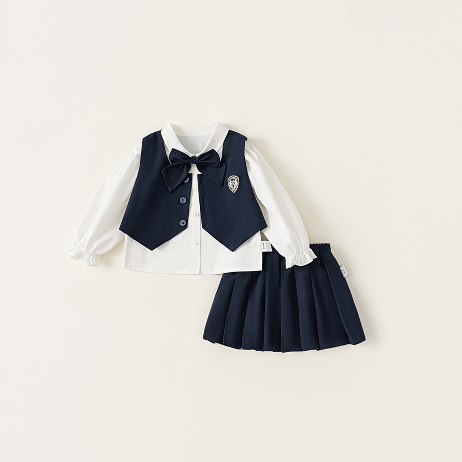  女童秋季套裝三件套新款嬰兒學院風背心長袖襯衫百褶裙套裝
