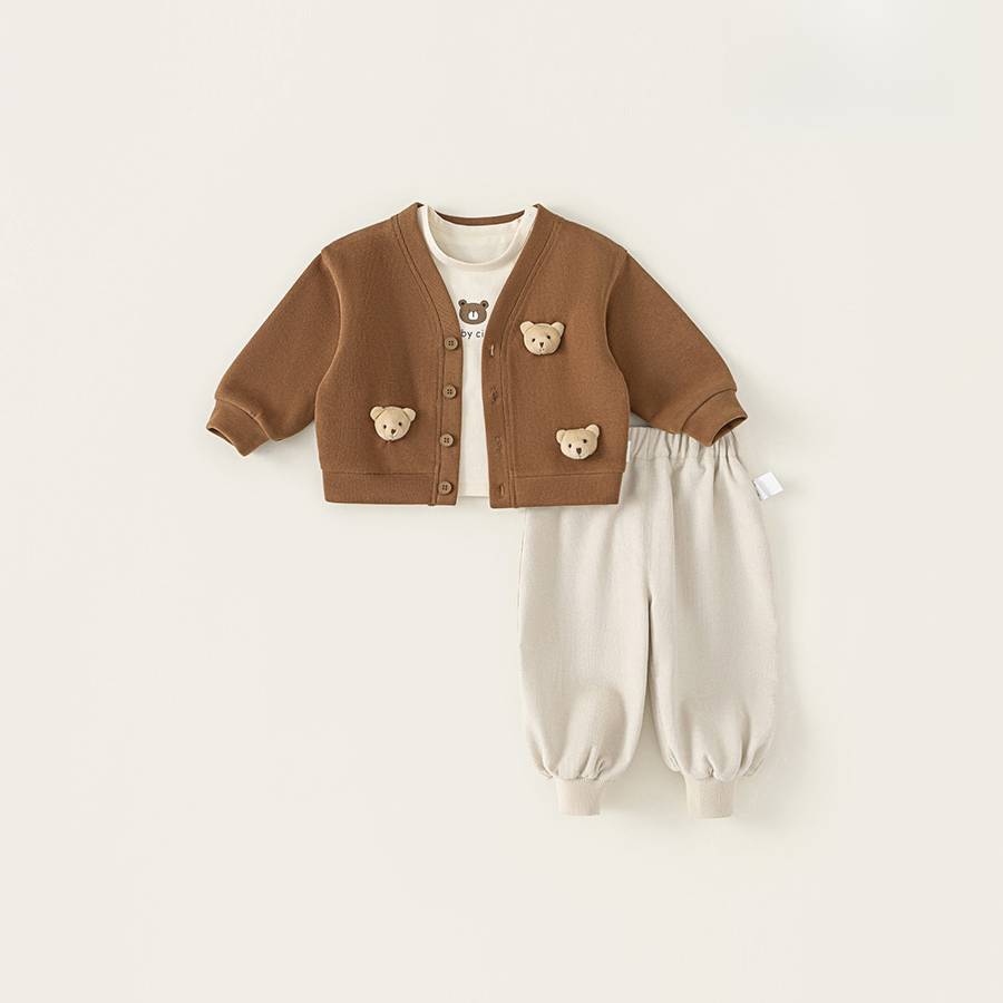 童裝男寶秋裝衣服寶寶套裝2025新款小熊開衫T恤長褲三件套
