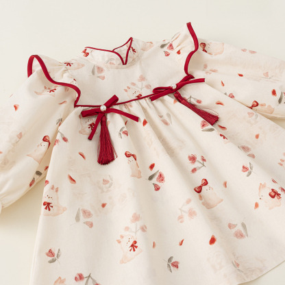童裝2025年秋季新款女童碎花連衣裙兒童蝴蝶結長袖公主裙