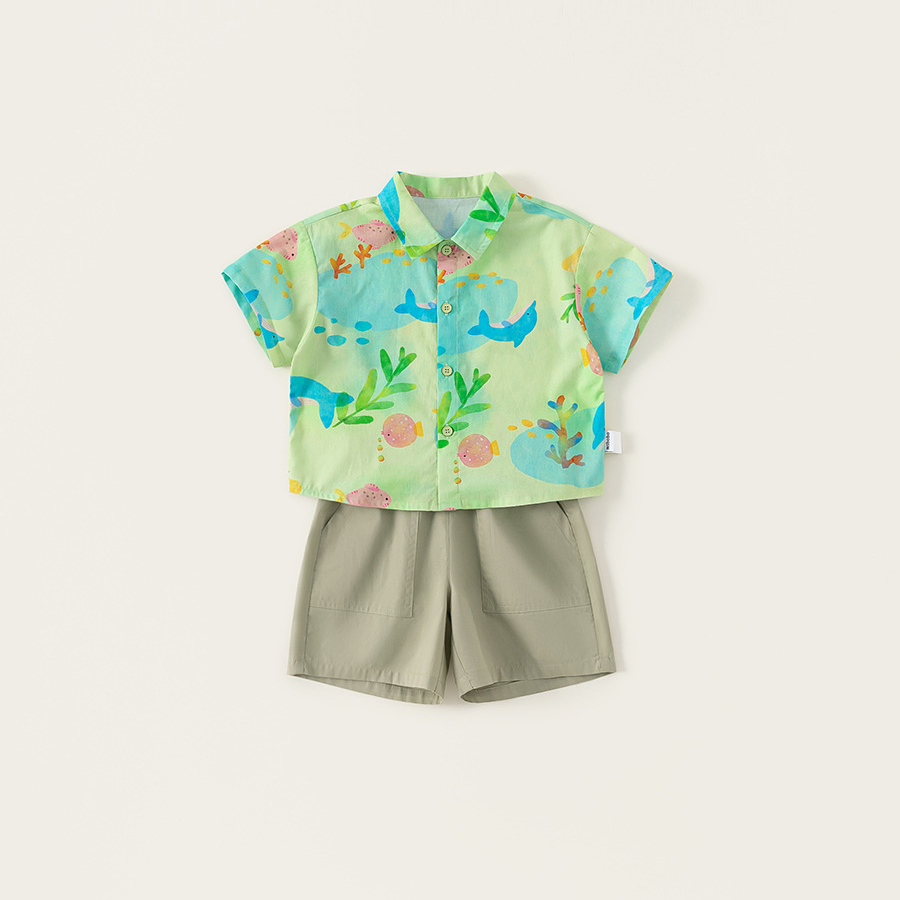 童裝夏季男童塗鴉印花襯衫卡其短褲兒童海邊度假風短袖套裝