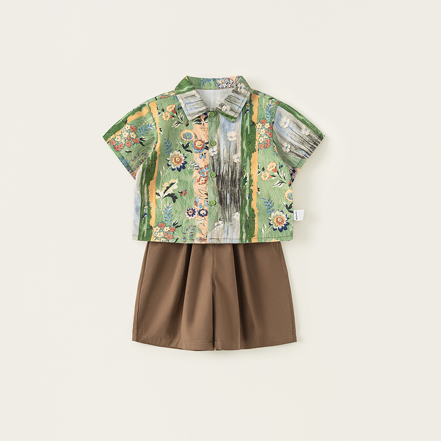 童裝男童夏裝兩件套年新款兒童短袖塗鴉襯衣寶寶短褲套裝