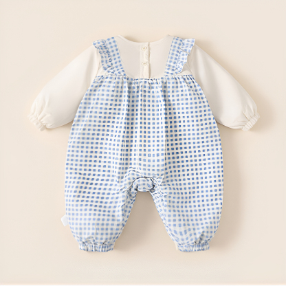 嬰童秋裝假兩件揹帶褲格紋花邊新生兒衣服寶寶連體衣女童爬服