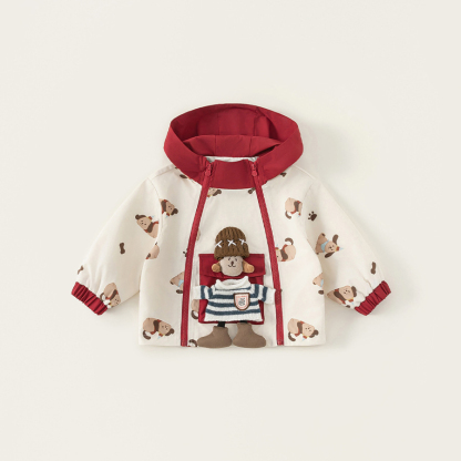 童裝女童外套春季新款帶帽拼色拉鍊印花可愛玩偶兒童休閒外套