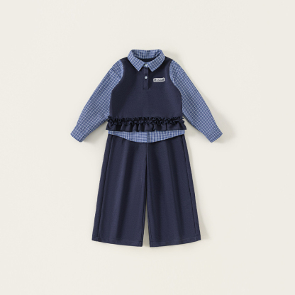 童裝兒童套裝假兩件襯衫上衣純色休閒褲女童兩件套大童時尚裝