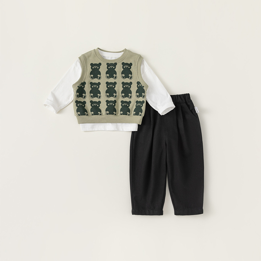 童裝寶寶套裝2025春裝嬰幼兒休閒三件套兒童卡通馬甲寶寶裝