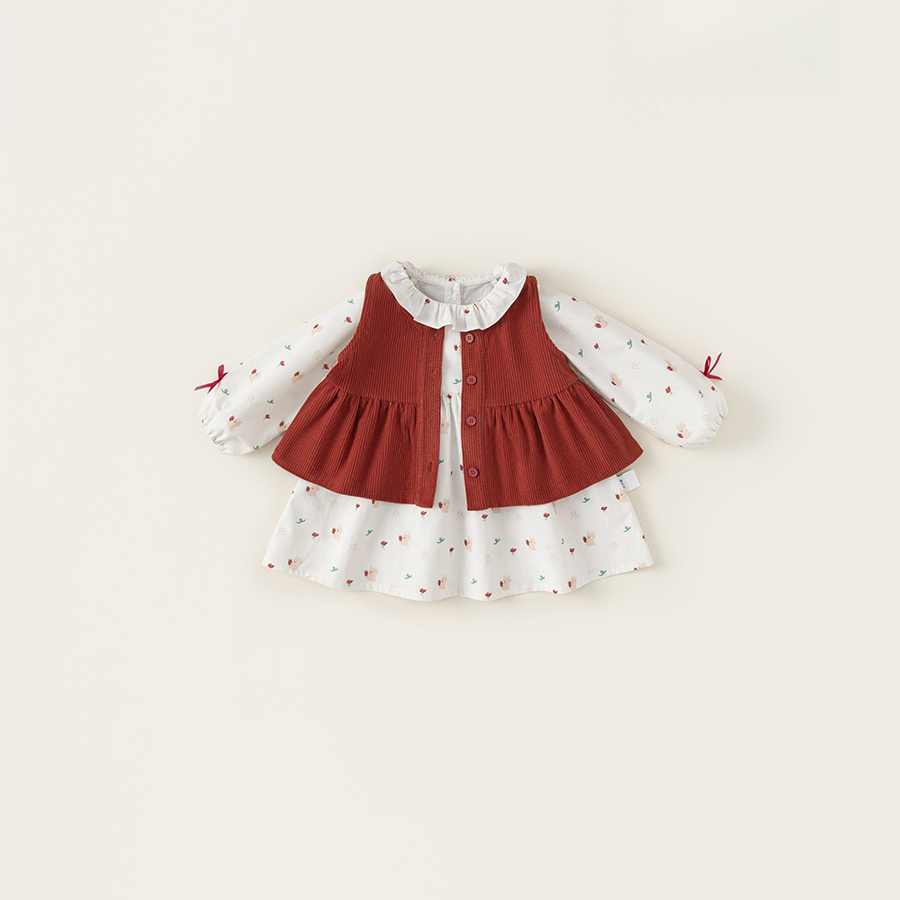 童裝秋款女童兩件套燈芯絨休閒馬甲女寶碎花連衣裙兒童套裝