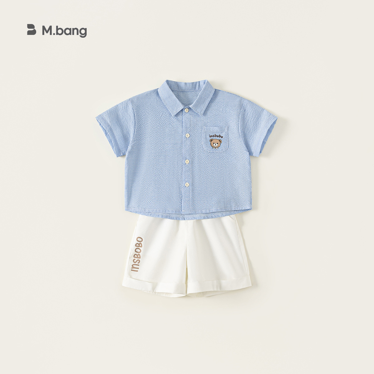 童裝夏款兒童小格子可愛印花襯衫純色印花短褲男小童兩件套
