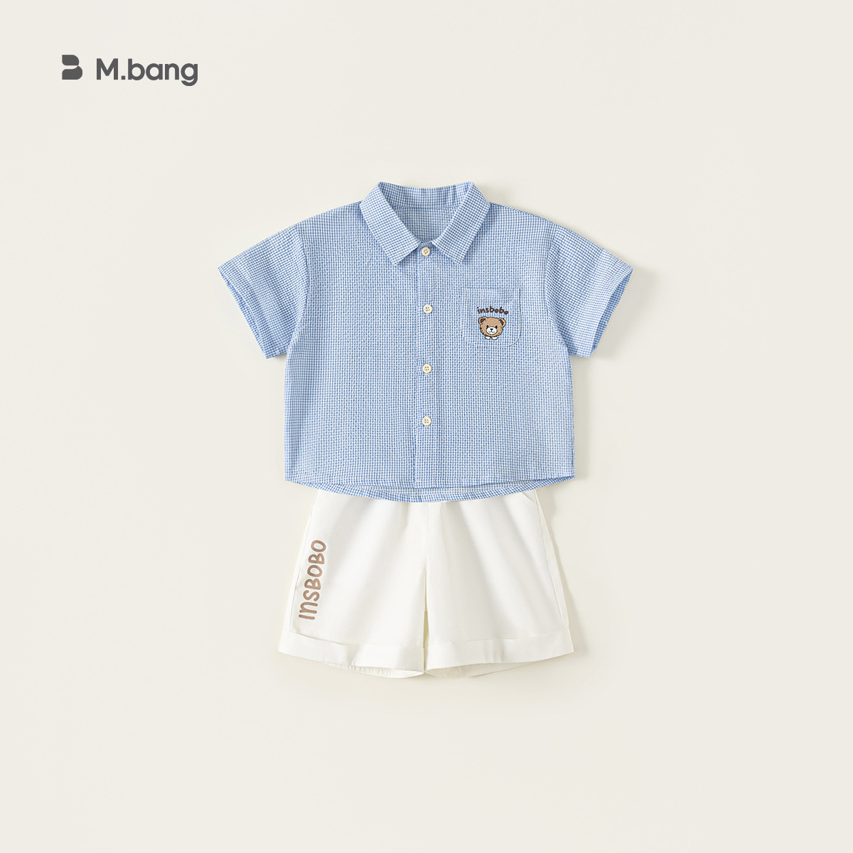 童裝夏款兒童小格子可愛印花襯衫純色印花短褲男小童兩件套