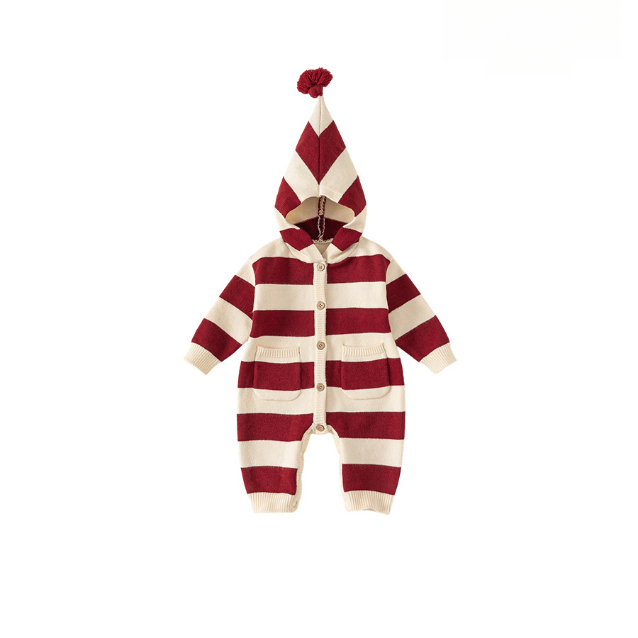 新款冬季童裝男寶寶連體衣撞色條紋針織衫魔法帽女童連體衣