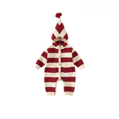 新款冬季童裝男寶寶連體衣撞色條紋針織衫魔法帽女童連體衣