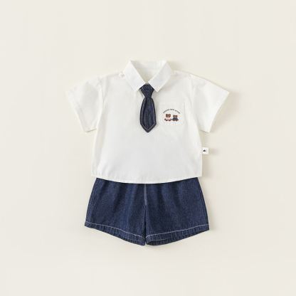 童裝男童套裝兒童學院風襯衫牛仔褲寶寶班服兩件套女童裝園服