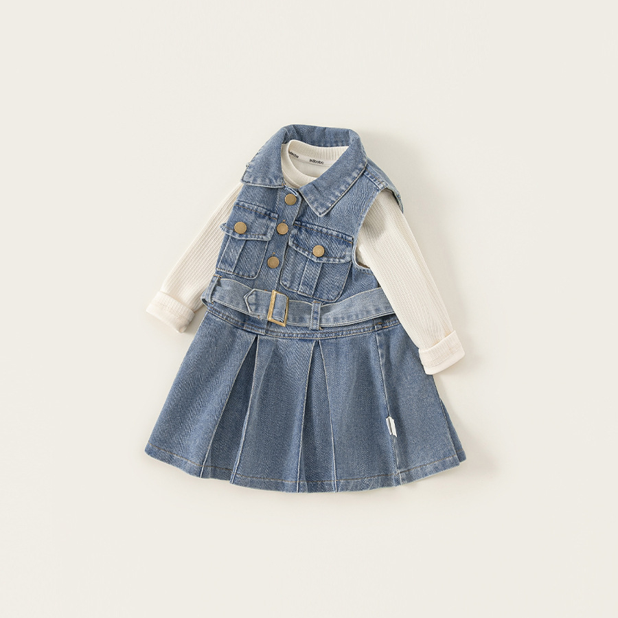 童裝女童套裝裙純色打底衫無袖牛仔連衣裙兒童兩件套