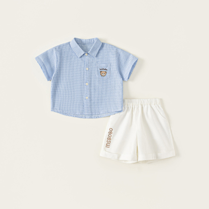 童裝夏款兒童小格子可愛印花襯衫純色印花短褲男小童兩件套