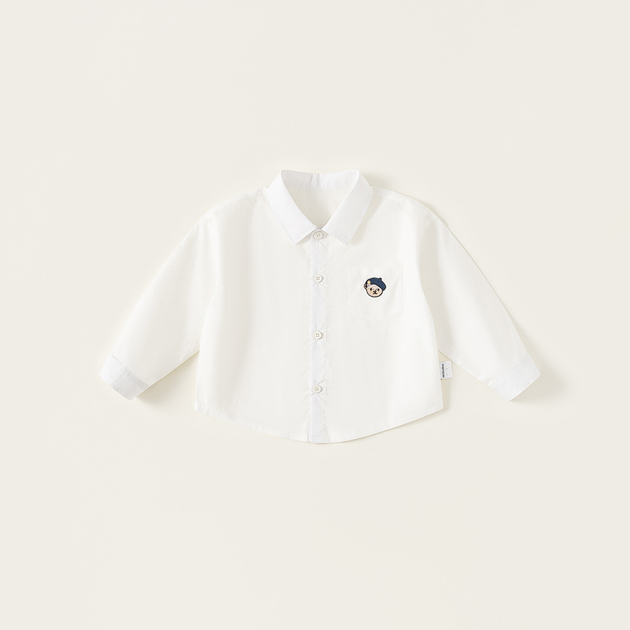 童裝秋款簡約翻領襯衣男寶寶長袖兒童上衣小熊刺繡男童襯衫
