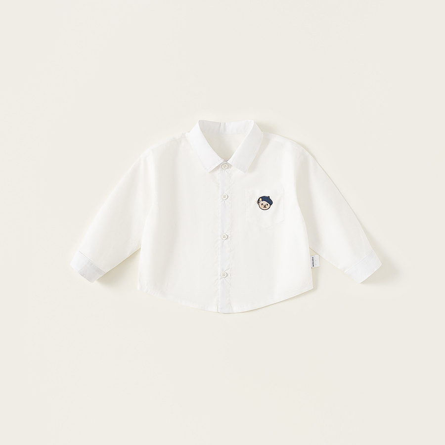 童裝秋款簡約翻領襯衣男寶寶長袖兒童上衣小熊刺繡男童襯衫
