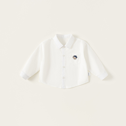 童裝秋款簡約翻領襯衣男寶寶長袖兒童上衣小熊刺繡男童襯衫