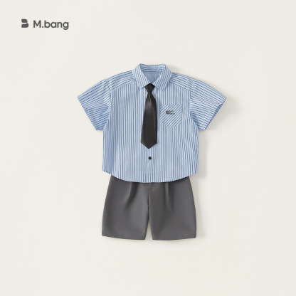 童裝夏季新款男童衣服套裝簡約休閒條紋襯衫休閒短褲兩件套