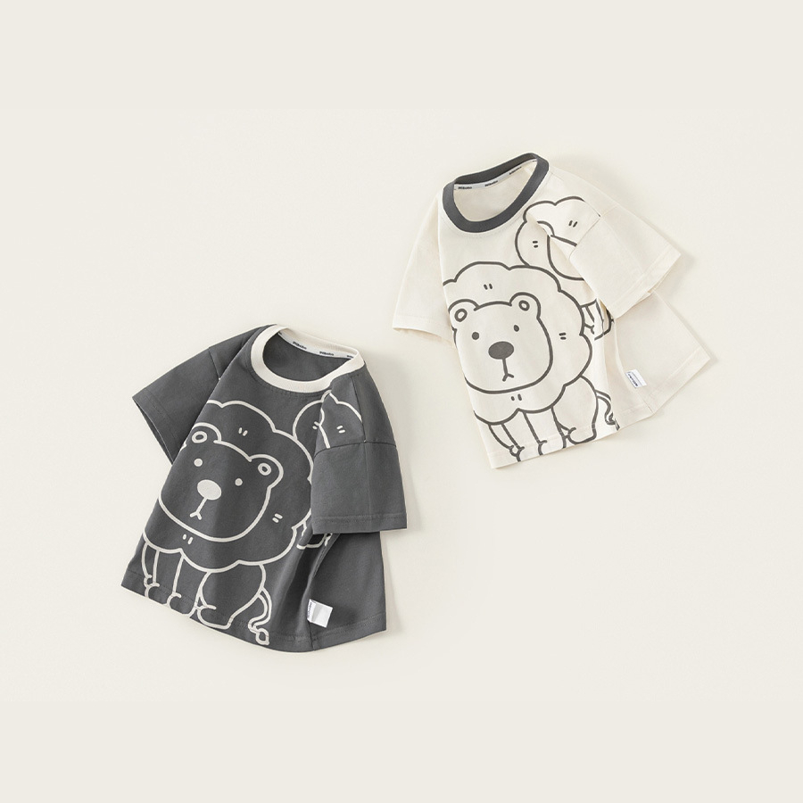 童裝夏季新品寬鬆上衣男童撞色圓領衣服卡通獅子印花短袖T恤