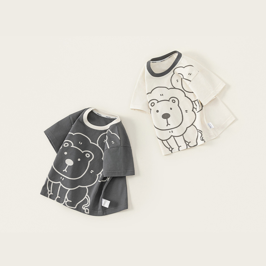 童裝夏季新品寬鬆上衣男童撞色圓領衣服卡通獅子印花短袖T恤