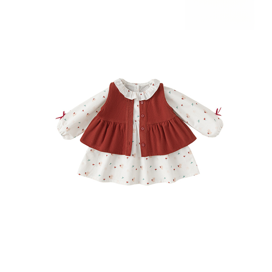 童裝秋款女童兩件套燈芯絨休閒馬甲女寶碎花連衣裙兒童套裝