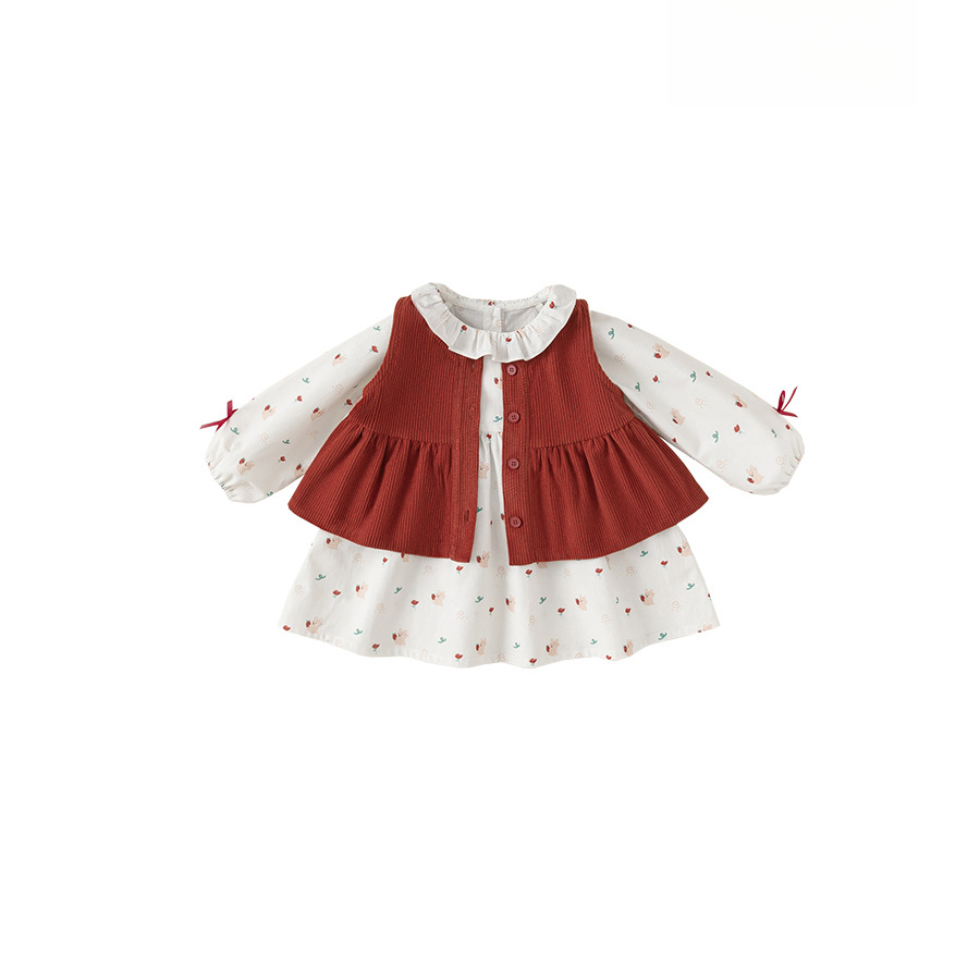 童裝秋款女童兩件套燈芯絨休閒馬甲女寶碎花連衣裙兒童套裝