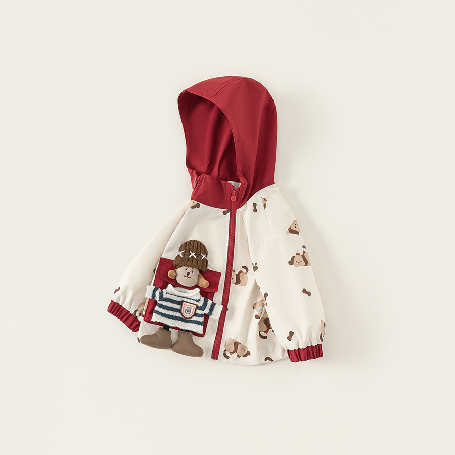 童裝女童外套春季新款帶帽拼色拉鍊印花可愛玩偶兒童休閒外套