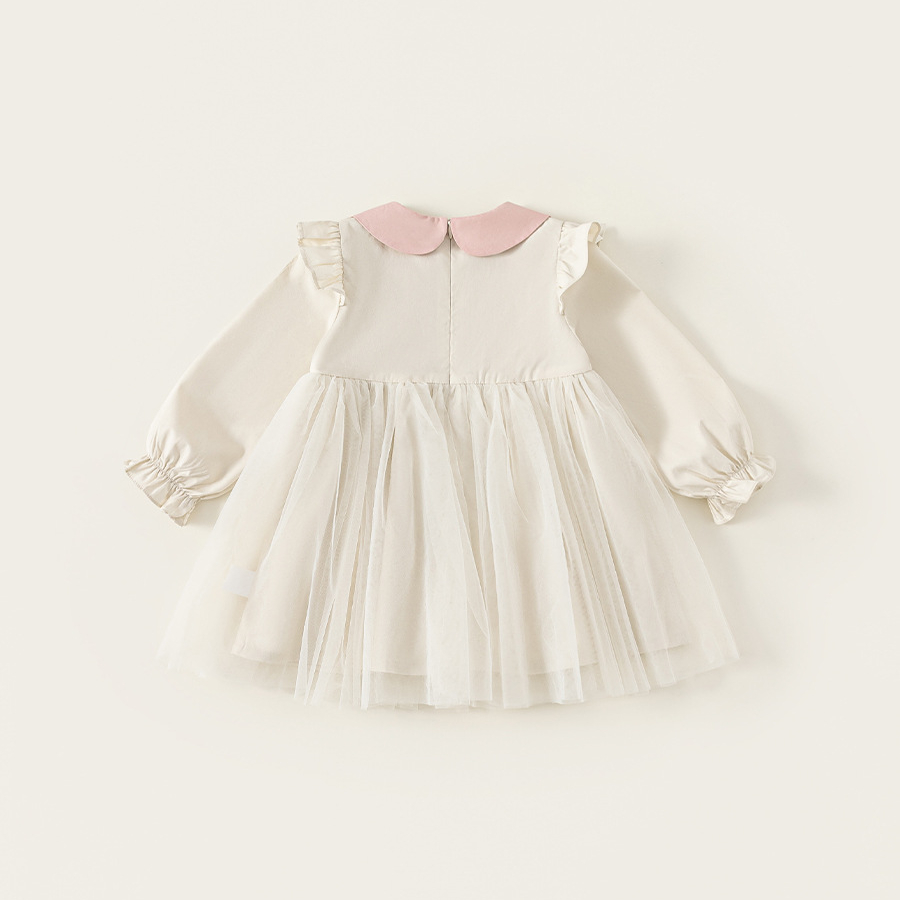 童裝女童連衣裙春季寬鬆中小童長袖網紗裙撞色娃娃領兒童裙子