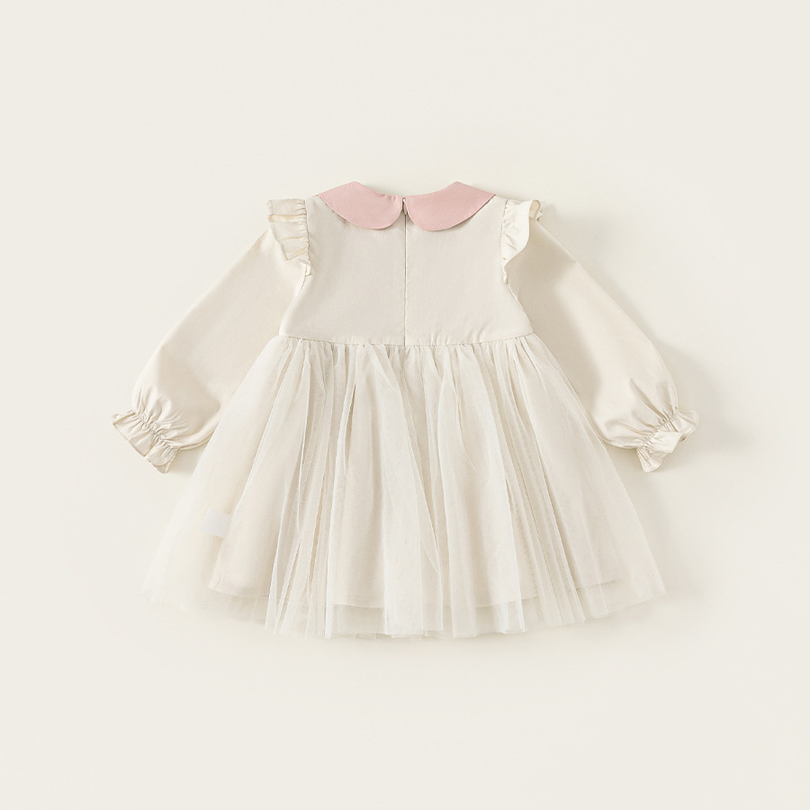 童裝女童連衣裙春季寬鬆中小童長袖網紗裙撞色娃娃領兒童裙子