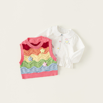 童裝女童白色襯衫彩色條紋毛線馬甲兩件套兒童套裝