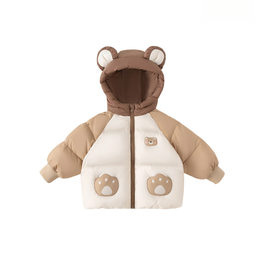 2025新品冬季衣服女寶寶上衣拼色小熊連帽兒童外套男童羽絨服