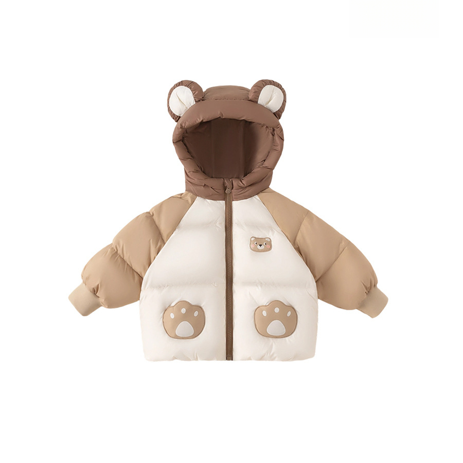 2025新品冬季衣服女寶寶上衣拼色小熊連帽兒童外套男童羽絨服