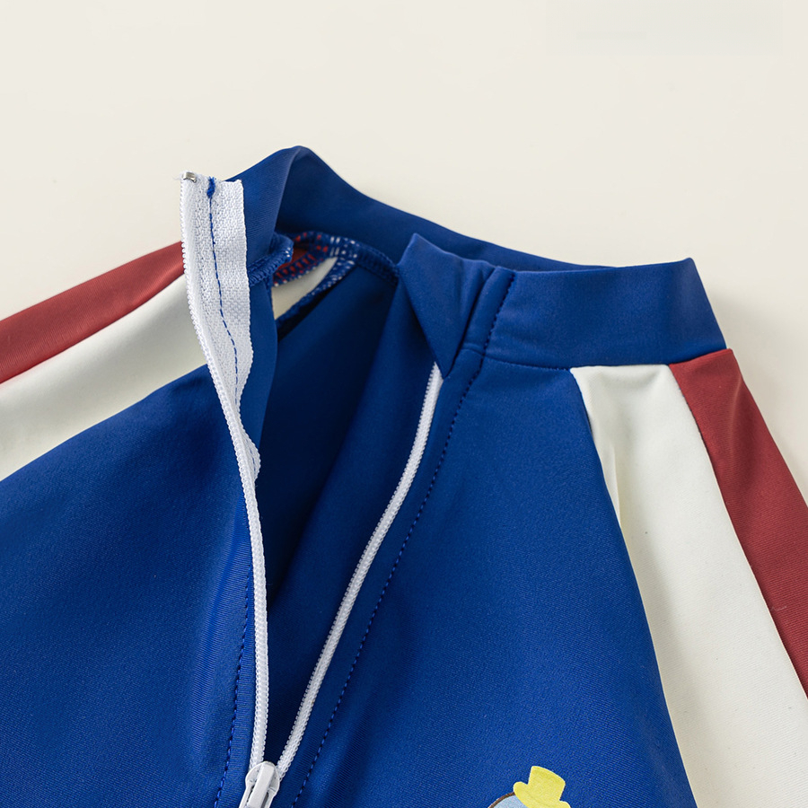 童裝夏季兒童游泳衣簡約印花長袖立領拼色連體泳衣男童泳裝