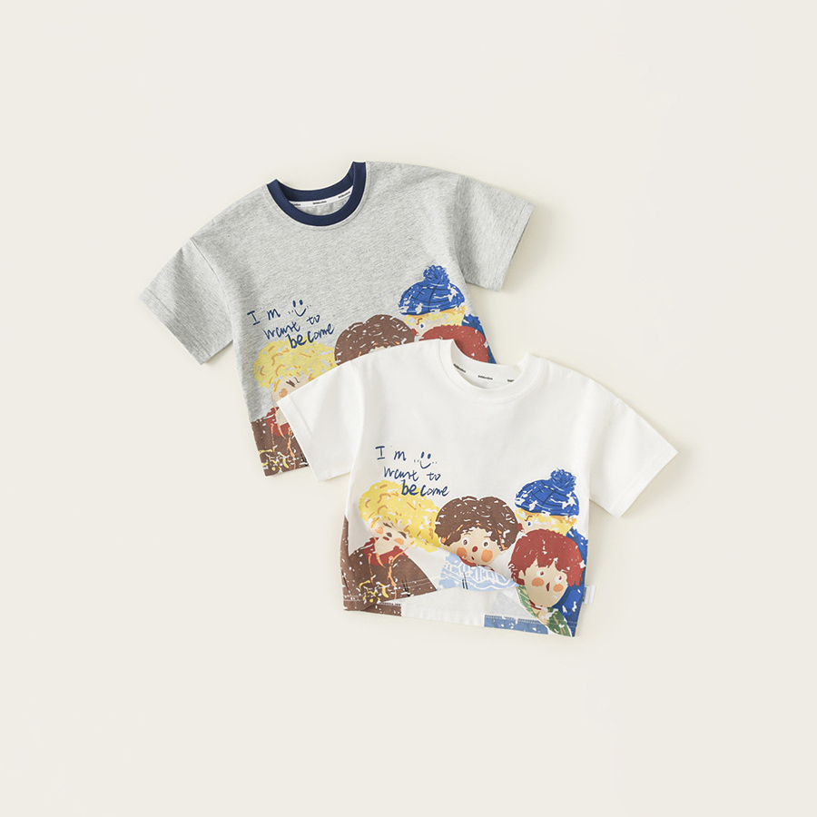 童裝男小童T恤2025年夏季新款圓領卡通印花撞色休閒短袖上衣