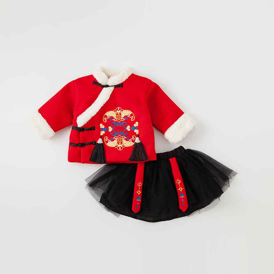 童裝兒童套裝冬季國風男女童加厚兒童新年衣服兩件套