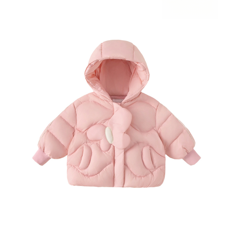 2025新品衣服冬裝女寶寶上衣純色蝴蝶女童連帽外套兒童羽絨服