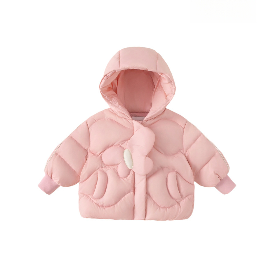 2025新品衣服冬裝女寶寶上衣純色蝴蝶女童連帽外套兒童羽絨服