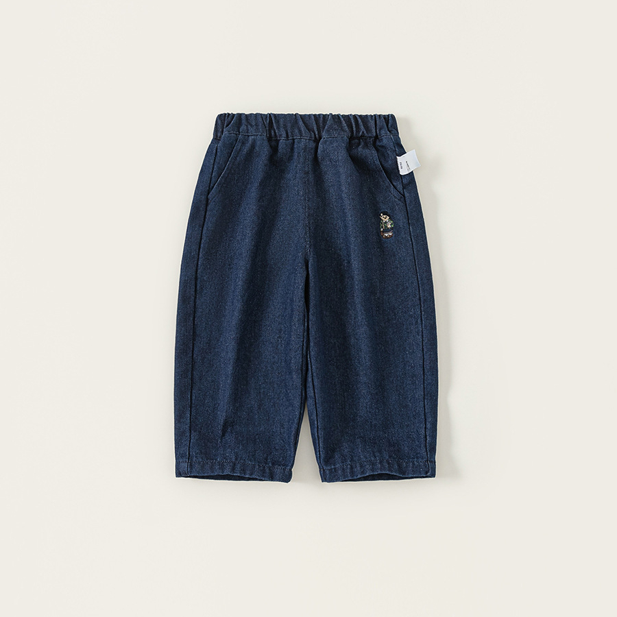 童裝秋款褲子兒童長褲新品小熊刺繡男寶寶直筒褲男童牛仔褲