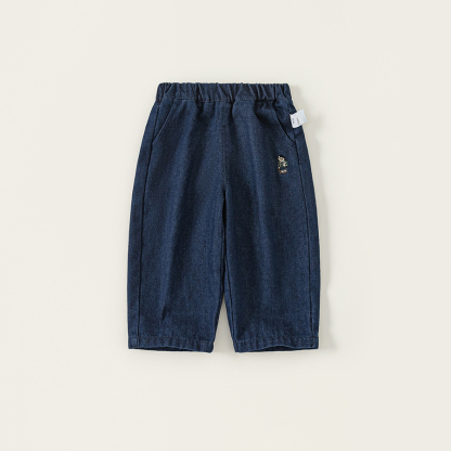 童裝秋款褲子兒童長褲新品小熊刺繡男寶寶直筒褲男童牛仔褲