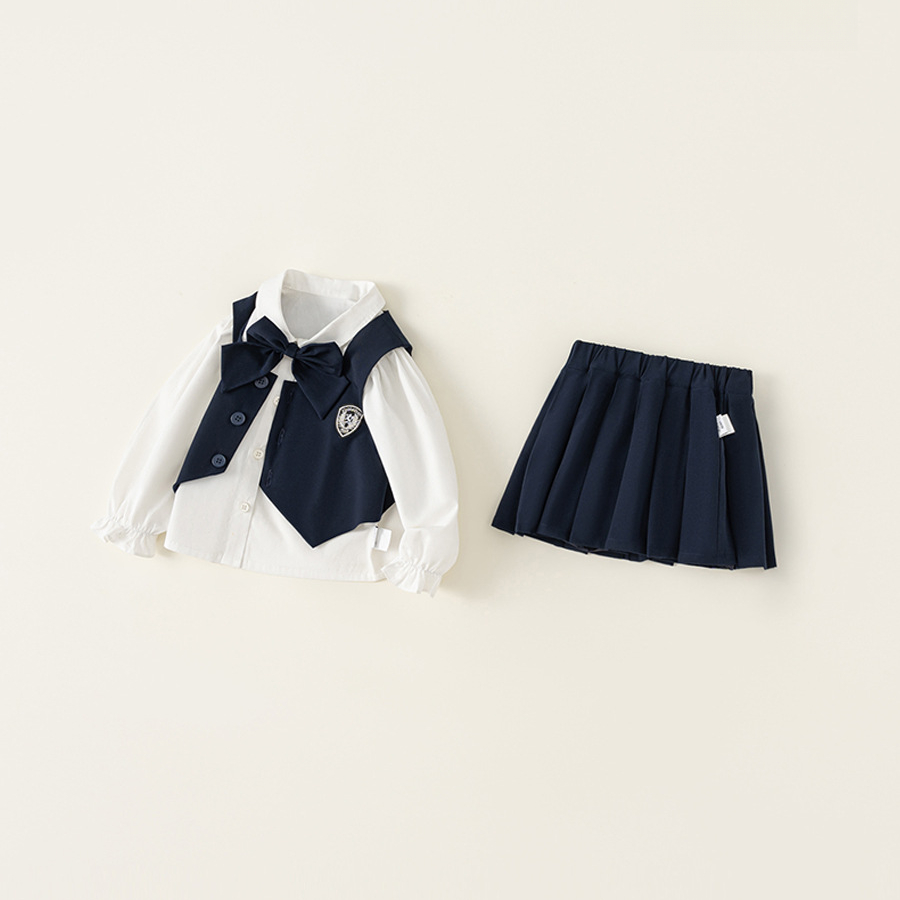  女童秋季套裝三件套新款嬰兒學院風背心長袖襯衫百褶裙套裝