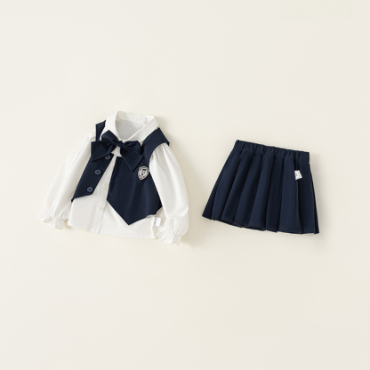  女童秋季套裝三件套新款嬰兒學院風背心長袖襯衫百褶裙套裝