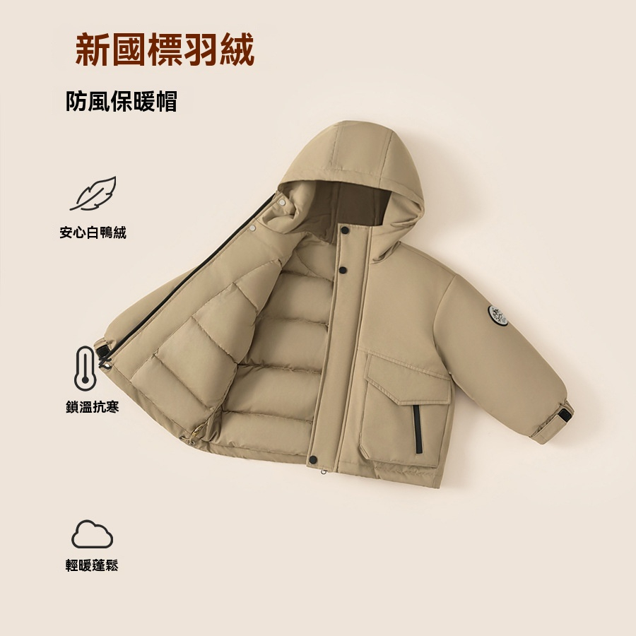 童装冬款儿童衣服男孩子工装外套魔术贴连帽上衣男童羽绒服