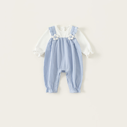 嬰童秋裝假兩件揹帶褲格紋花邊新生兒衣服寶寶連體衣女童爬服