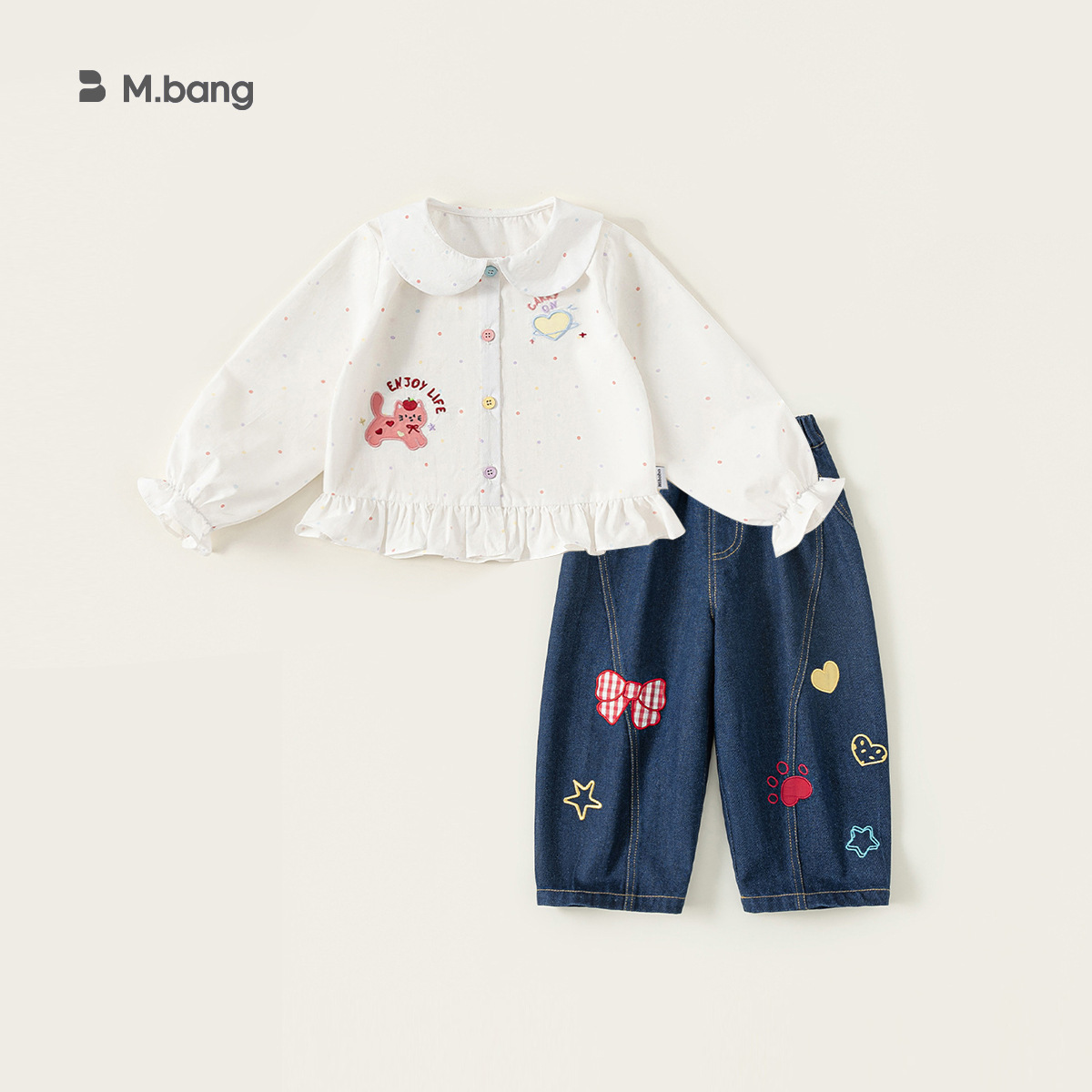 童裝女童白色襯衫牛仔褲兩件套春季百搭新品兒童套裝小童衣服
